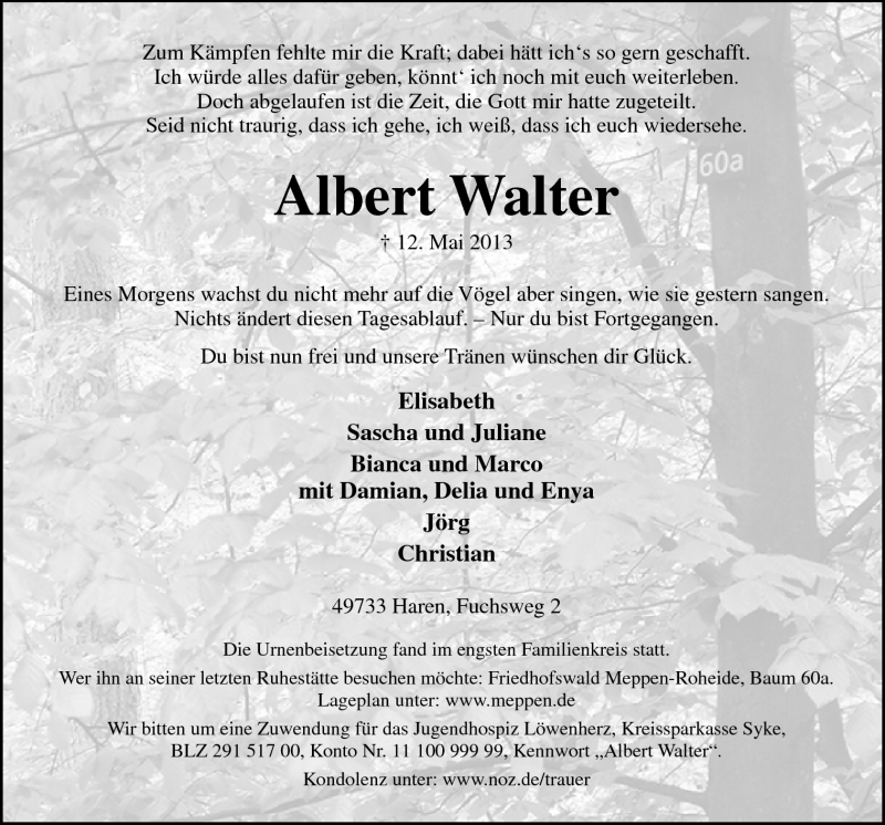 Traueranzeige für Albert Walter vom 18.05.2013 aus Neue Osnabrücker Zeitung GmbH & Co. KG