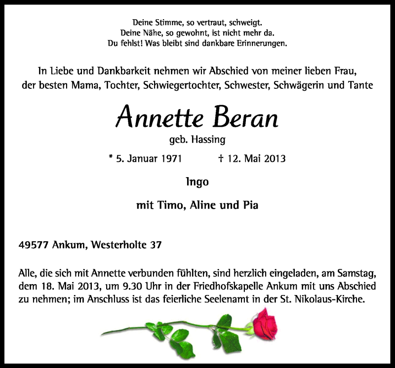  Traueranzeige für Annette Beran vom 15.05.2013 aus Neue Osnabrücker Zeitung GmbH & Co. KG