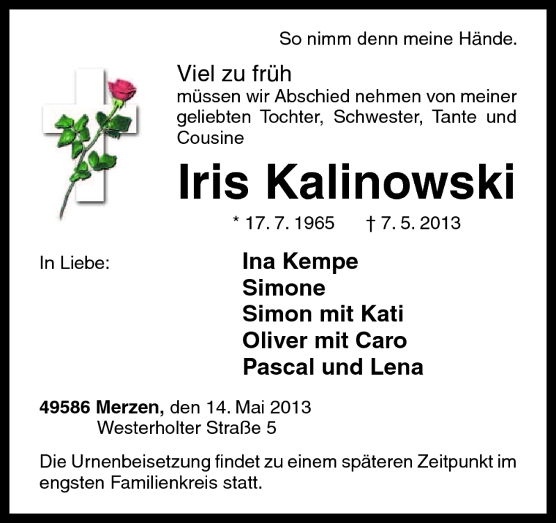  Traueranzeige für Iris Kalinowski vom 16.05.2013 aus Neue Osnabrücker Zeitung GmbH & Co. KG