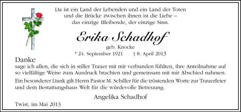  Traueranzeige für Erika Schadhof vom 25.05.2013 aus Neue Osnabrücker Zeitung GmbH & Co. KG