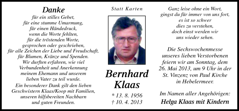  Traueranzeige für Bernhard Klaas vom 23.05.2013 aus Neue Osnabrücker Zeitung GmbH & Co. KG