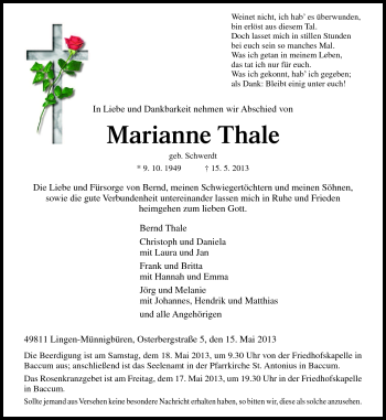 Traueranzeige von Marianne Thale von Neue Osnabrücker Zeitung GmbH & Co. KG