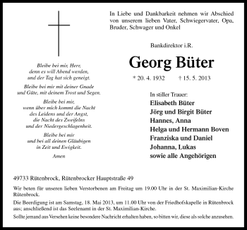 Traueranzeige von Georg Büter von Neue Osnabrücker Zeitung GmbH & Co. KG