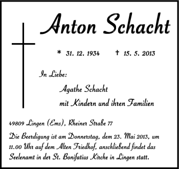 Traueranzeige von Anton Schacht von Neue Osnabrücker Zeitung GmbH & Co. KG