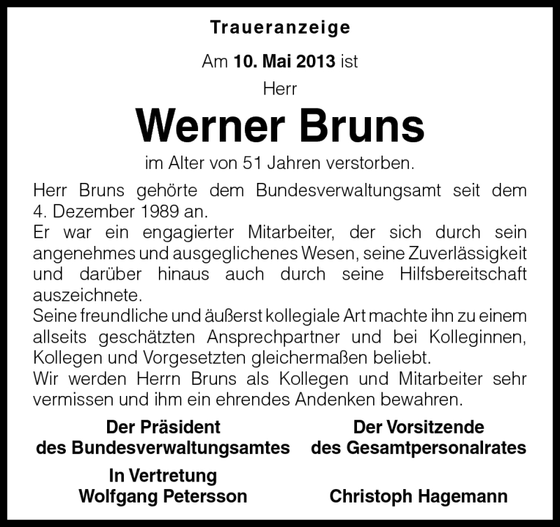  Traueranzeige für Werner Bruns vom 17.05.2013 aus Neue Osnabrücker Zeitung GmbH & Co. KG