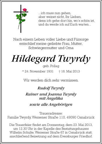 Traueranzeige von Hildegard Twyrdy von Neue Osnabrücker Zeitung GmbH & Co. KG