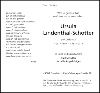 Traueranzeige von Ursula Lindenthal-Schotter von Neue Osnabrücker Zeitung GmbH & Co. KG