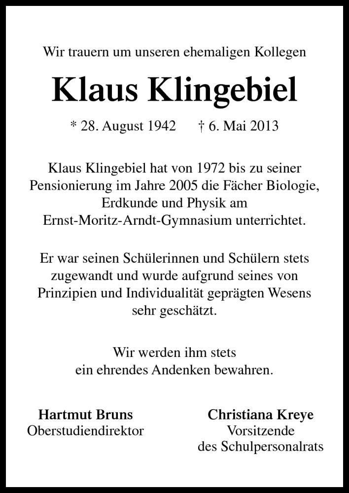  Traueranzeige für Klaus Klingebiel vom 18.05.2013 aus Neue Osnabrücker Zeitung GmbH & Co. KG