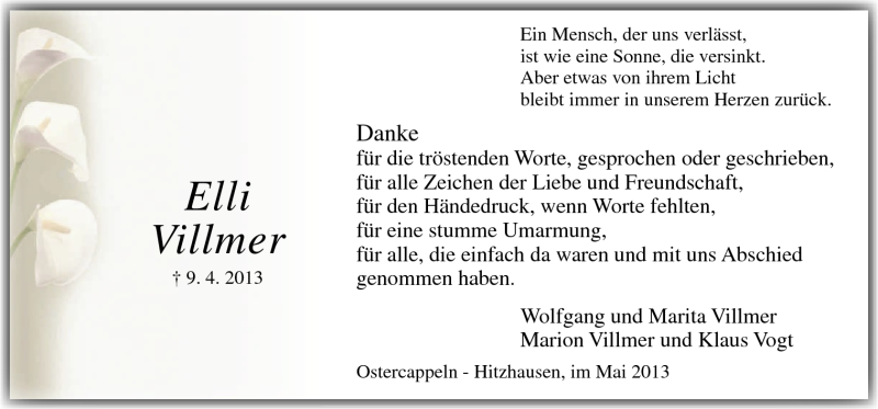  Traueranzeige für Elli Villmer vom 25.05.2013 aus Neue Osnabrücker Zeitung GmbH & Co. KG