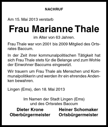 Traueranzeige von Marianne Thale von Neue Osnabrücker Zeitung GmbH & Co. KG