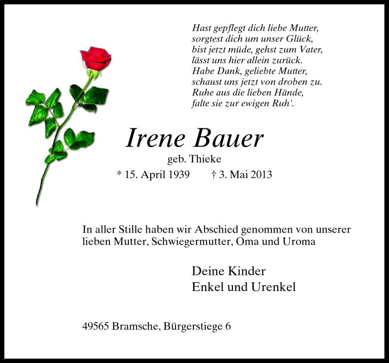  Traueranzeige für Irene Bauer vom 18.05.2013 aus Neue Osnabrücker Zeitung GmbH & Co. KG