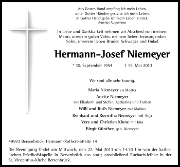 Traueranzeige von Hermann-Josef Niemeyer von Neue Osnabrücker Zeitung GmbH & Co. KG