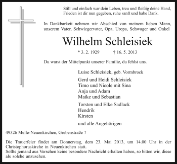 Traueranzeige von Wilhelm Schleisiek von Neue Osnabrücker Zeitung GmbH & Co. KG