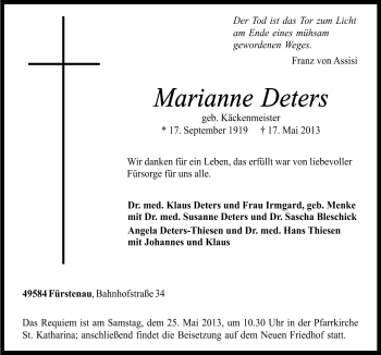 Traueranzeige von Marianne Deters von Neue Osnabrücker Zeitung GmbH & Co. KG
