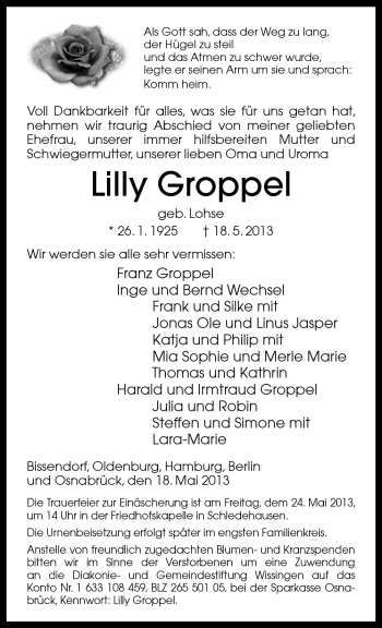 Traueranzeige von Lilly Groppel von Neue Osnabrücker Zeitung GmbH & Co. KG