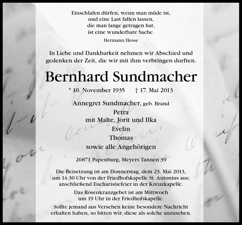  Traueranzeige für Bernhard Sundmacher vom 21.05.2013 aus Neue Osnabrücker Zeitung GmbH & Co. KG
