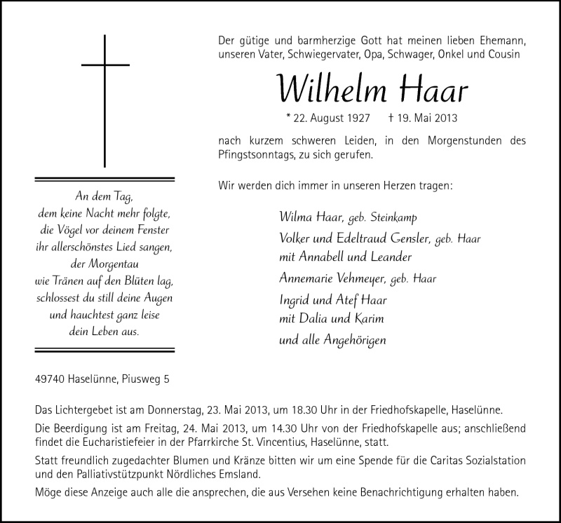  Traueranzeige für Wilhelm Haar vom 22.05.2013 aus Neue Osnabrücker Zeitung GmbH & Co. KG