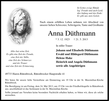 Traueranzeige von Anna Düthmann von Neue Osnabrücker Zeitung GmbH & Co. KG