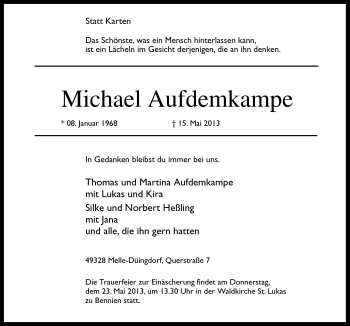 Traueranzeige von Michael Aufdemkampe von Neue Osnabrücker Zeitung GmbH & Co. KG