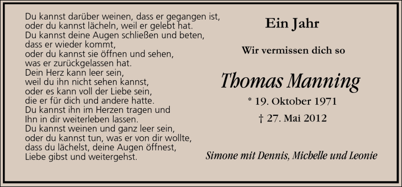  Traueranzeige für Thomas Manning vom 27.05.2013 aus Neue Osnabrücker Zeitung GmbH & Co. KG