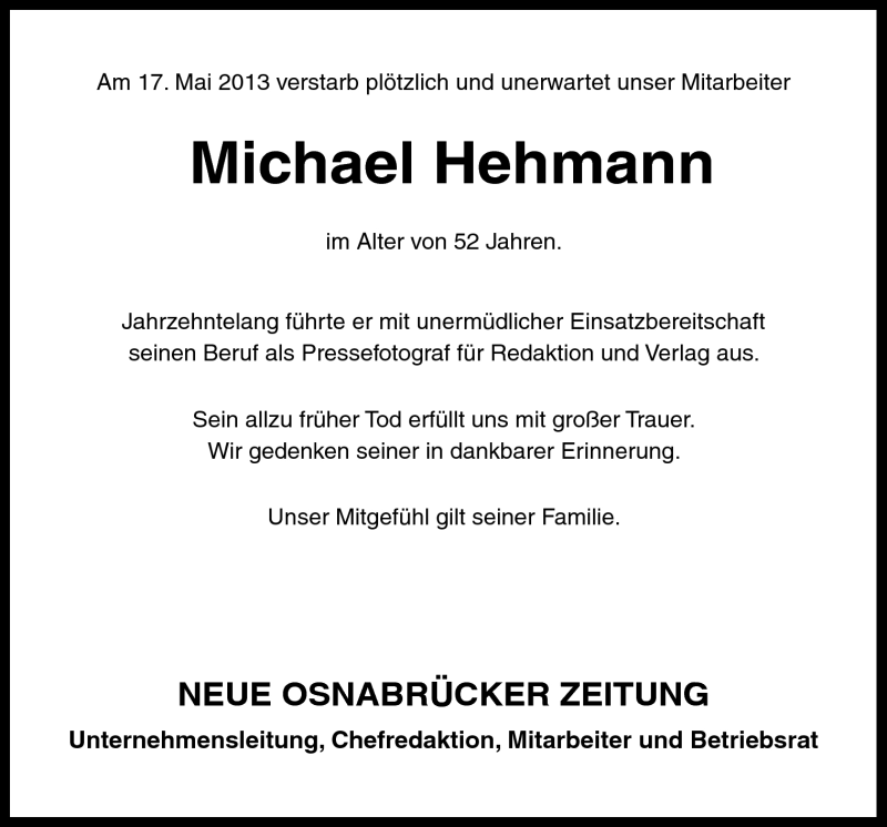  Traueranzeige für Michael Hehmann vom 22.05.2013 aus Neue Osnabrücker Zeitung GmbH & Co. KG