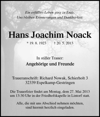 Traueranzeige von Hans Joachim Noack von Neue Osnabrücker Zeitung GmbH & Co. KG
