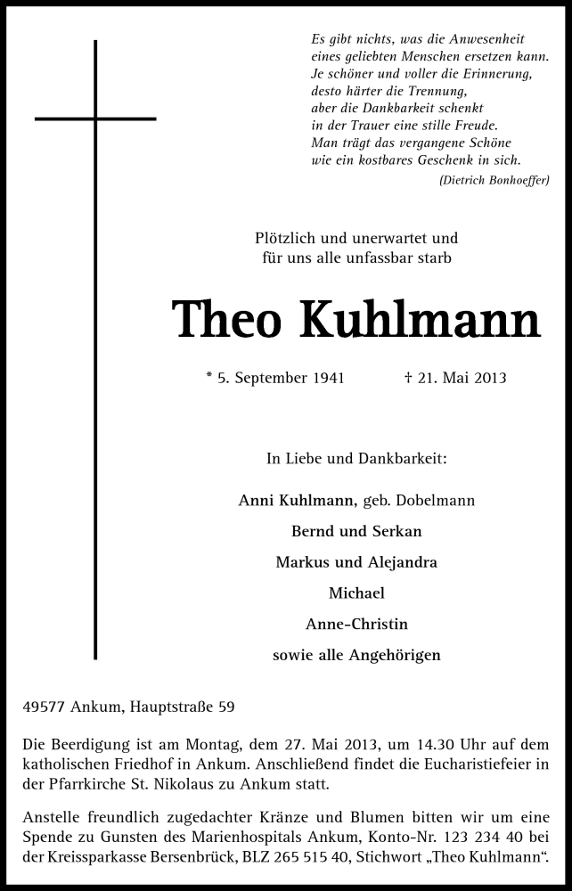  Traueranzeige für Theo Kuhlmann vom 23.05.2013 aus Neue Osnabrücker Zeitung GmbH & Co. KG