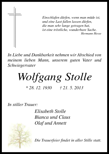 Traueranzeige von Wolfgang Stolle von Neue Osnabrücker Zeitung GmbH & Co. KG