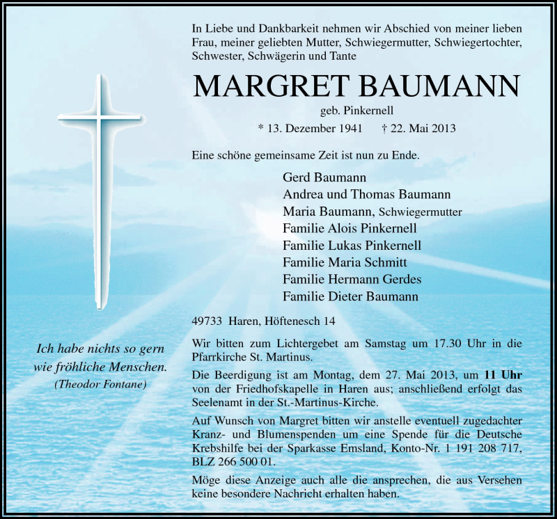  Traueranzeige für Margret Baumann vom 24.05.2013 aus Neue Osnabrücker Zeitung GmbH & Co. KG