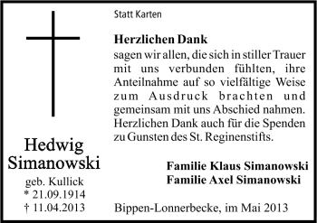 Traueranzeige von Hedwig Simanowski von Neue Osnabrücker Zeitung GmbH & Co. KG