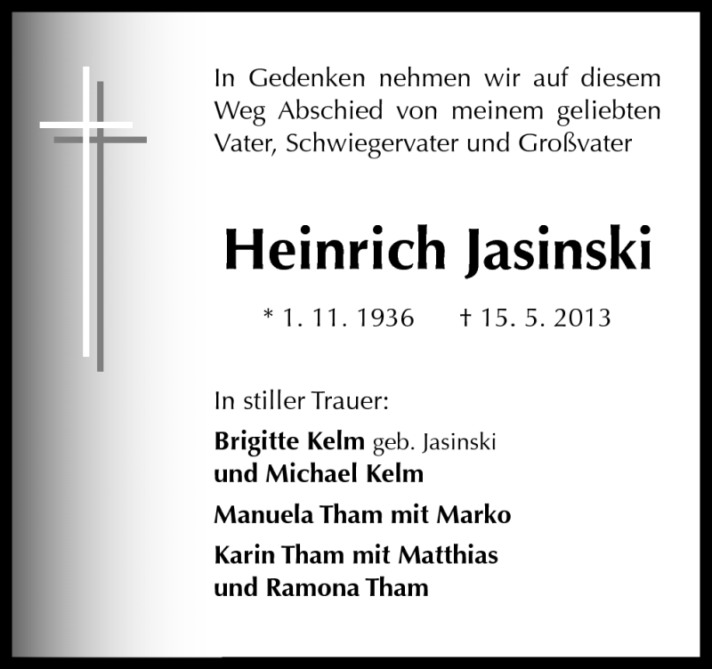  Traueranzeige für Heinrich Jasinski vom 24.05.2013 aus Neue Osnabrücker Zeitung GmbH & Co. KG