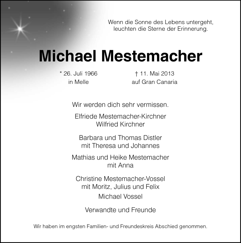  Traueranzeige für Michael Mestemacher vom 25.05.2013 aus Neue Osnabrücker Zeitung GmbH & Co. KG