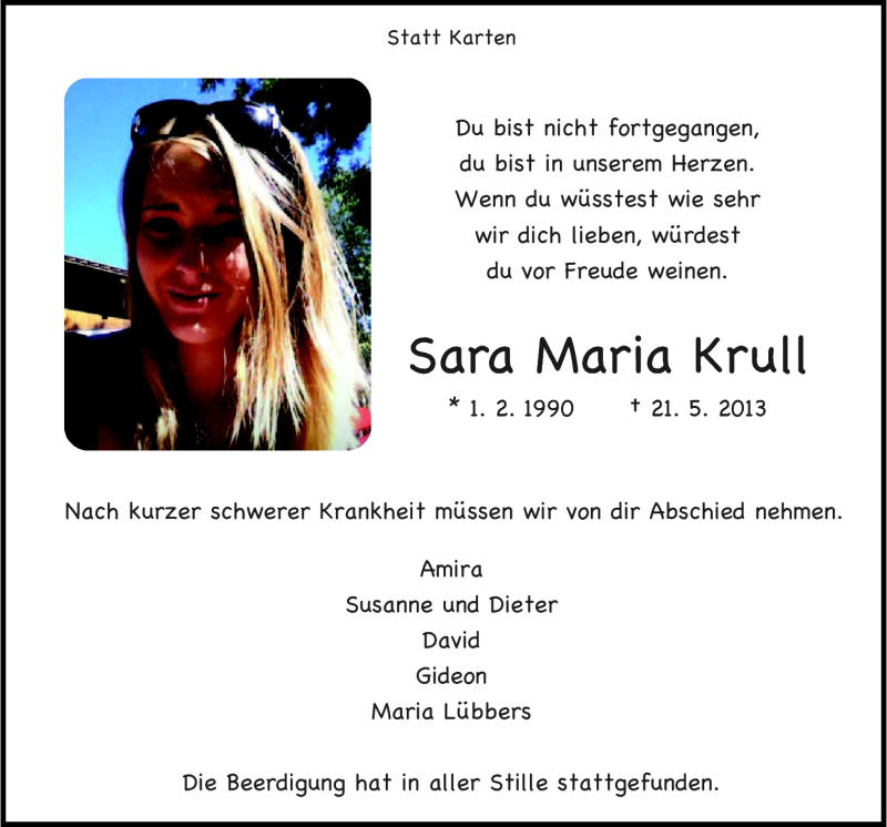  Traueranzeige für Sara Maria Krull vom 25.05.2013 aus Neue Osnabrücker Zeitung GmbH & Co. KG