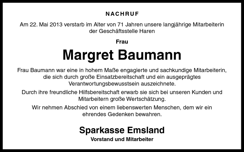  Traueranzeige für Margret Baumann vom 25.05.2013 aus Neue Osnabrücker Zeitung GmbH & Co. KG