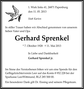 Traueranzeige von Gerhard Sprenkel von Neue Osnabrücker Zeitung GmbH & Co. KG