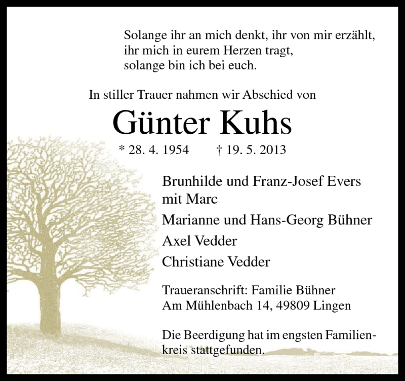  Traueranzeige für Günter Kuhs vom 28.05.2013 aus Neue Osnabrücker Zeitung GmbH & Co. KG