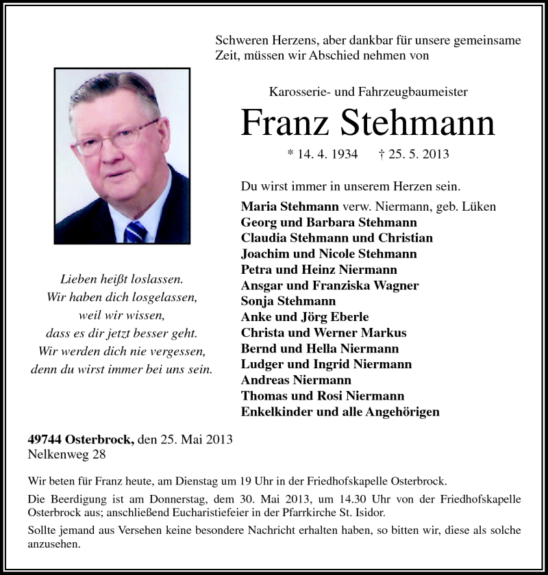  Traueranzeige für Franz Stehmann vom 28.05.2013 aus Neue Osnabrücker Zeitung GmbH & Co. KG