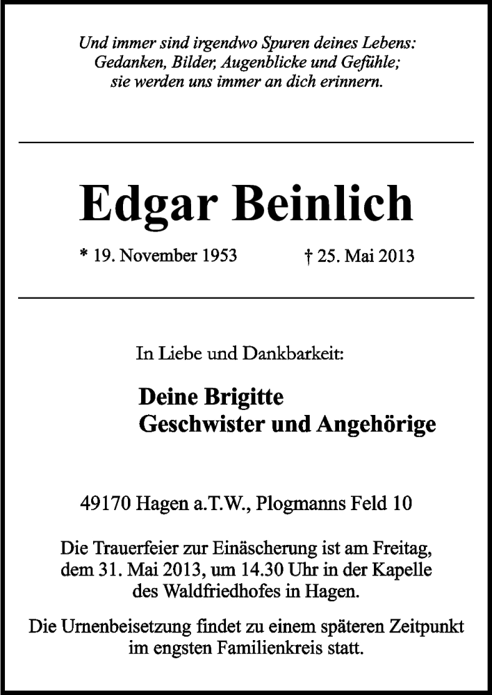  Traueranzeige für Edgar Beinlich vom 28.05.2013 aus Neue Osnabrücker Zeitung GmbH & Co. KG