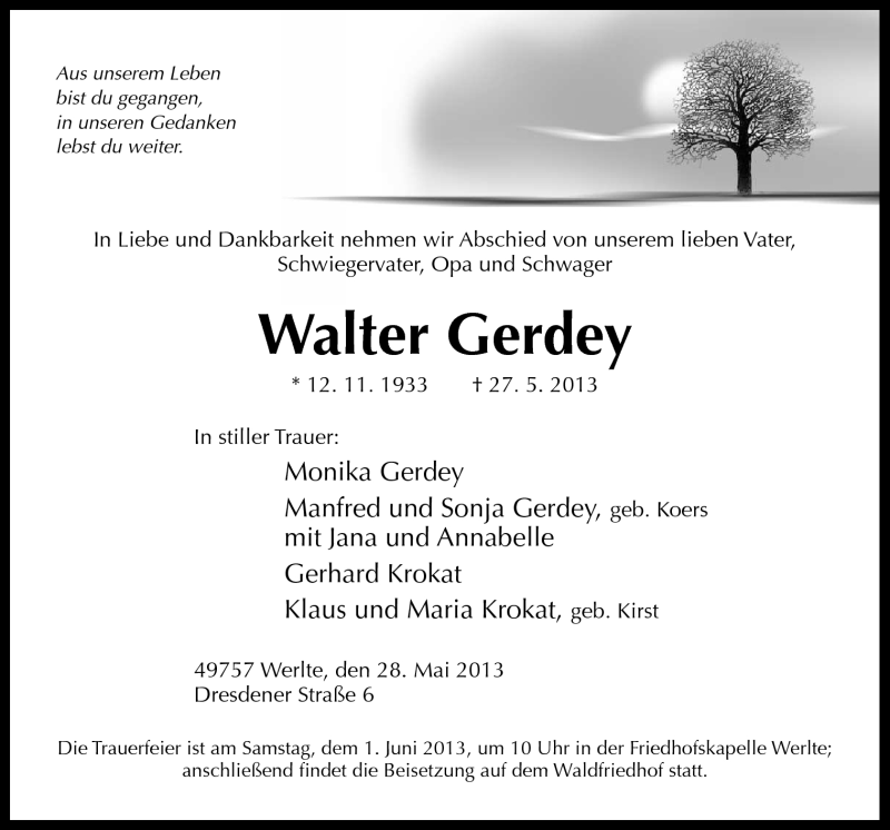  Traueranzeige für Walter Gerdey vom 29.05.2013 aus Neue Osnabrücker Zeitung GmbH & Co. KG