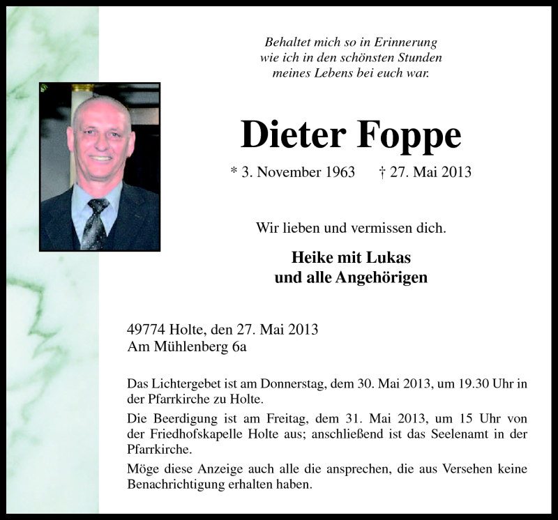  Traueranzeige für Dieter Foppe vom 29.05.2013 aus Neue Osnabrücker Zeitung GmbH & Co. KG