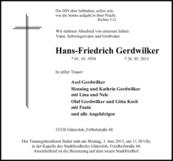 Traueranzeige von Hans-Friedrich Gerdwilker von Neue Osnabrücker Zeitung GmbH & Co. KG