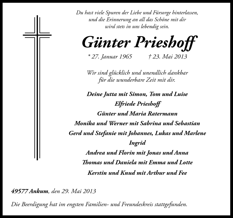  Traueranzeige für Günter Prieshoff vom 29.05.2013 aus Neue Osnabrücker Zeitung GmbH & Co. KG