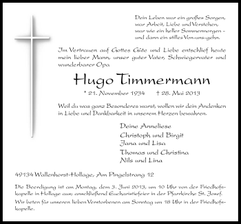 Traueranzeige von Hugo Timmermann von Neue Osnabrücker Zeitung GmbH & Co. KG