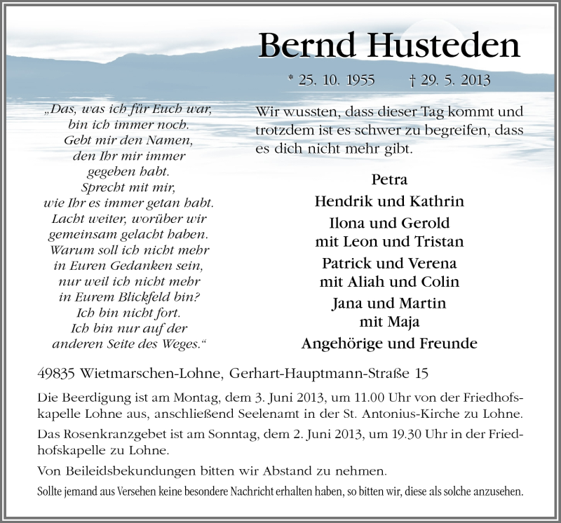  Traueranzeige für Bernd Husteden vom 31.05.2013 aus Neue Osnabrücker Zeitung GmbH & Co. KG