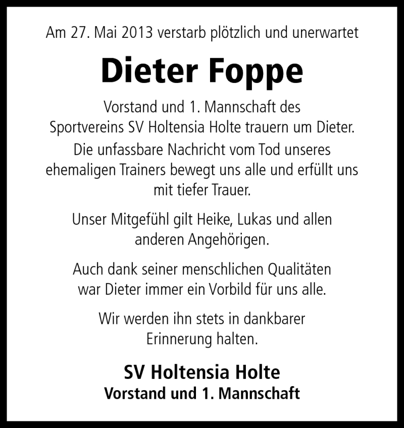  Traueranzeige für Dieter Foppe vom 31.05.2013 aus Neue Osnabrücker Zeitung GmbH & Co. KG