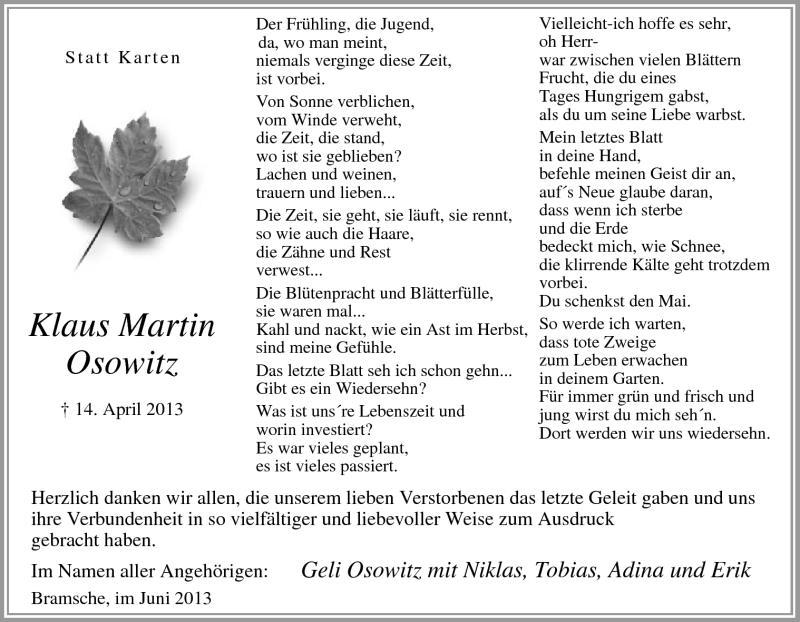  Traueranzeige für Klaus Martin Osowitz vom 01.06.2013 aus Neue Osnabrücker Zeitung GmbH & Co. KG