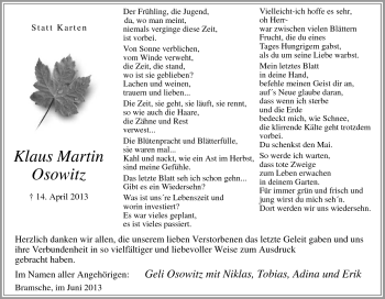 Traueranzeige von Klaus Martin Osowitz von Neue Osnabrücker Zeitung GmbH & Co. KG