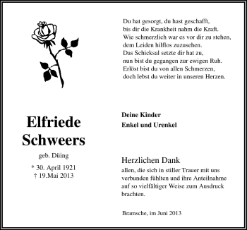 Traueranzeige von Elfriede Schweers von Neue Osnabrücker Zeitung GmbH & Co. KG