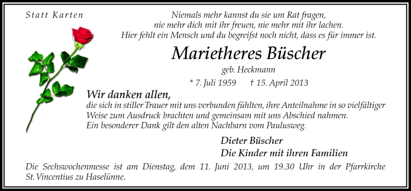  Traueranzeige für Marietheres Büscher vom 08.06.2013 aus Neue Osnabrücker Zeitung GmbH & Co. KG
