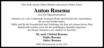 Traueranzeige von Anton Rosema von Neue Osnabrücker Zeitung GmbH & Co. KG